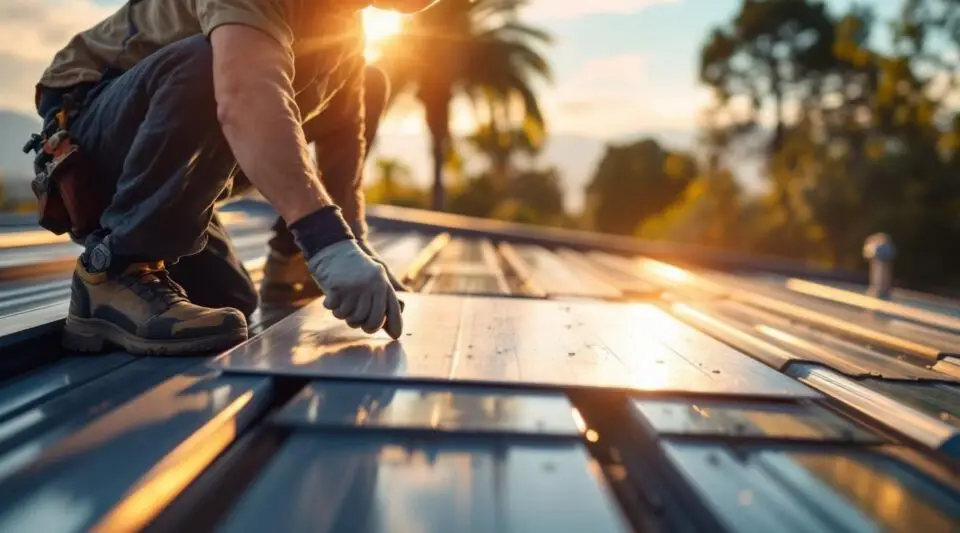 Professional standing seam metal roof installation on a Santa Ana commercial facility under bright, clear coastal sunlight.