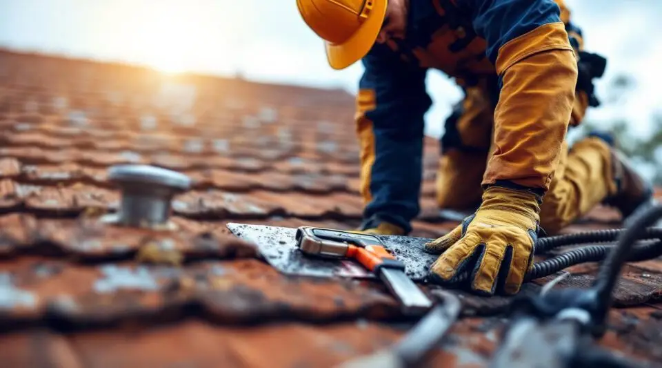 Professional roofing contractor examining shingles on a sunny Santa Ana home roof with a focused, trustworthy mood.