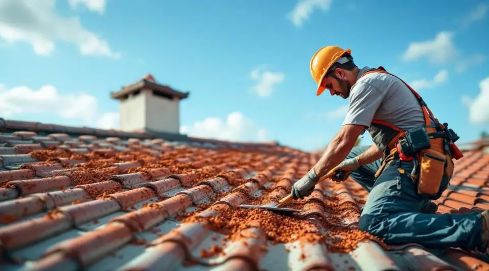 Commercial roofing team precisely aligning red clay tiles on a mission-style Santa Ana office building under clear skies.