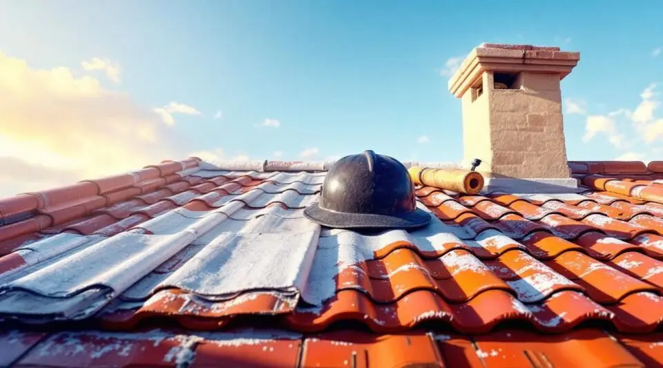 Professional roofing contractors installing authentic terracotta Spanish tiles on a commercial building in Santa Ana.