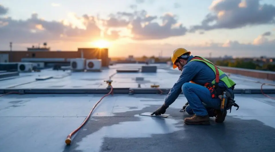 A skilled roofing team applying energy-efficient flat roofing materials to a Santa Ana storefront during a professional installation.