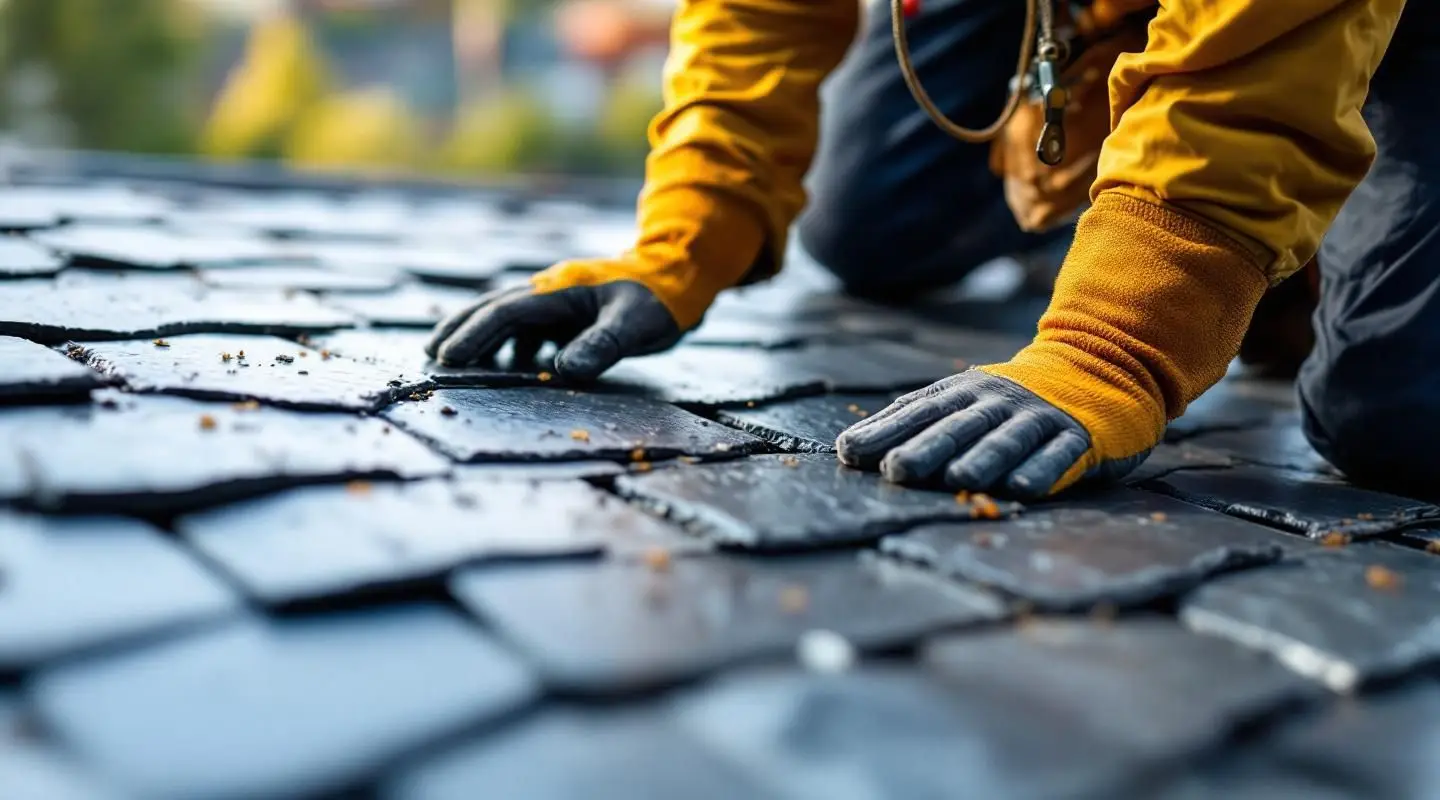 A professional roofing team meticulously installing natural slate tiles on a large Santa Ana commercial building.