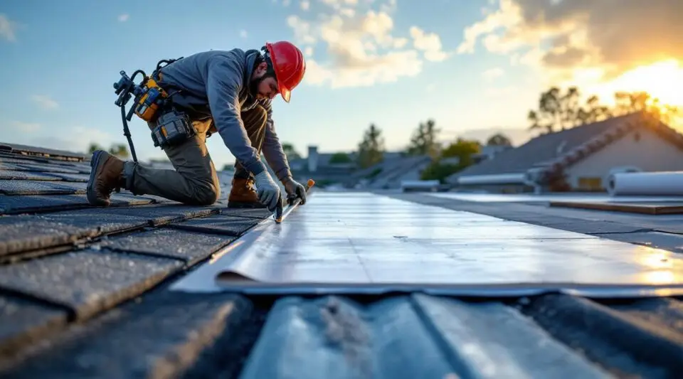 Professional roofing crew installing high-quality asphalt shingles on a Santa Ana home under clear skies.