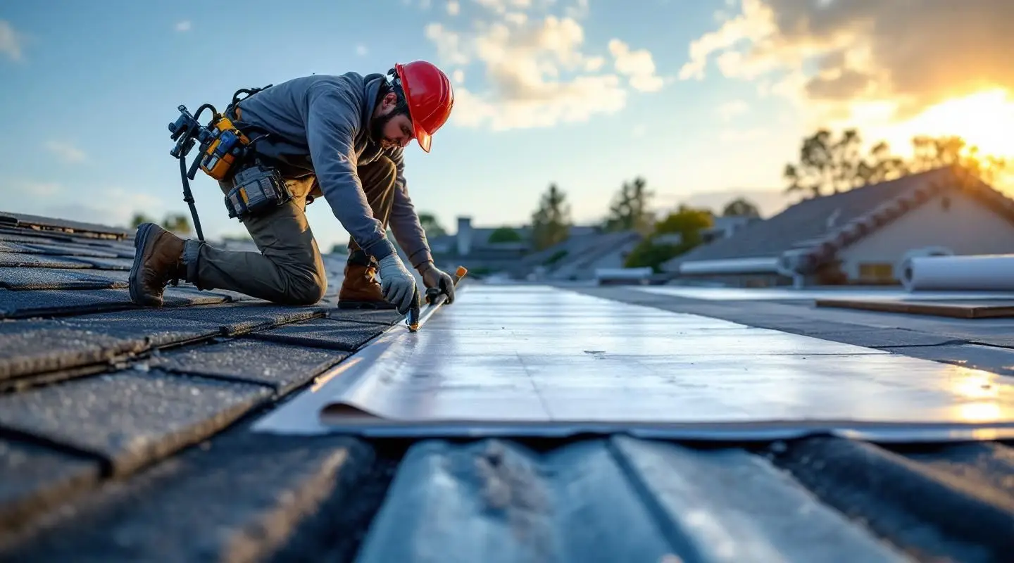 Professional roofing crew installing high-quality asphalt shingles on a Santa Ana home under clear skies.